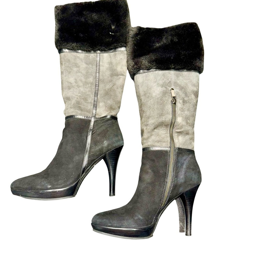 B Makowsky Two Tone Heeled Boots Womens 7 Neutral Leather Chic Elegant - Picture 5 of 8